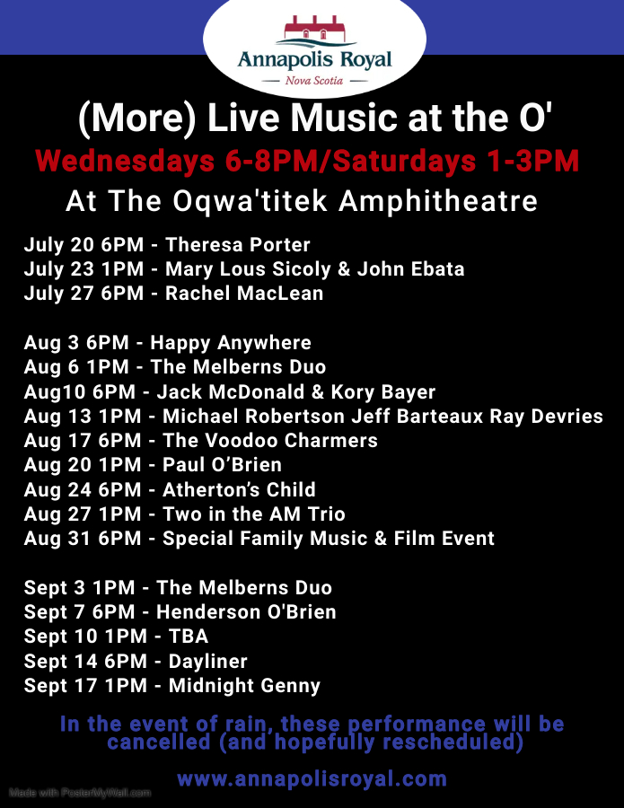 Live Music at the O Click For Details Town of Annapolis Royal