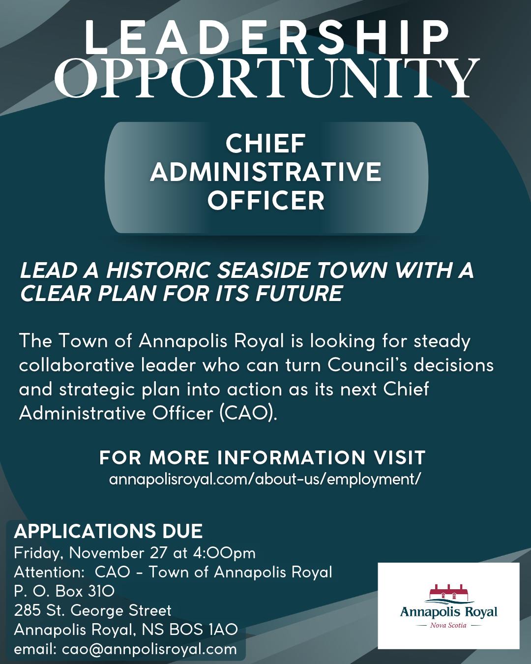 Royal Protection Officers Leadership Opportunity! The Town of Annapolis Royal is seeking a new ...